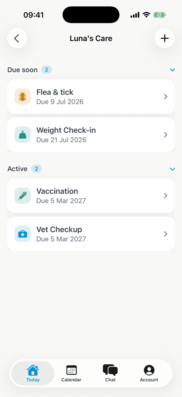 Care plan with upcoming vaccinations and visits