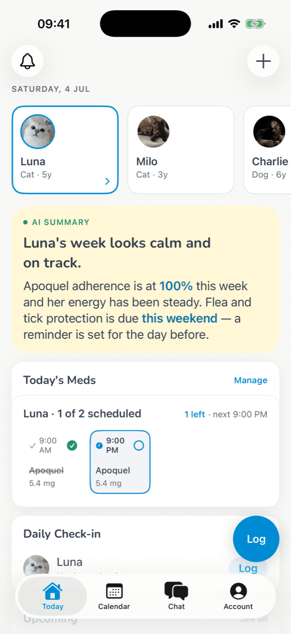 Today dashboard with medications and check-ins